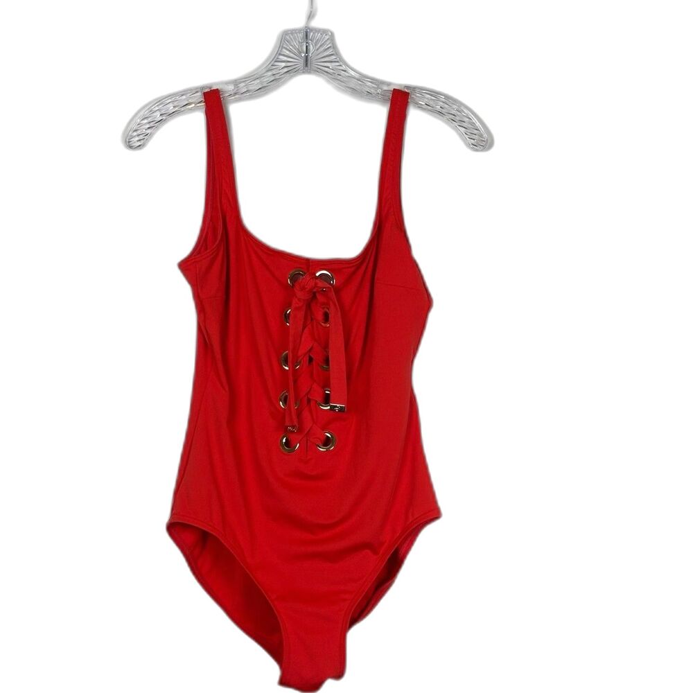 Michael Kors Lace Up Front One Piece Swimsuit Red Coral Grommet Monokini Sz 12 - Picture 2 of 10